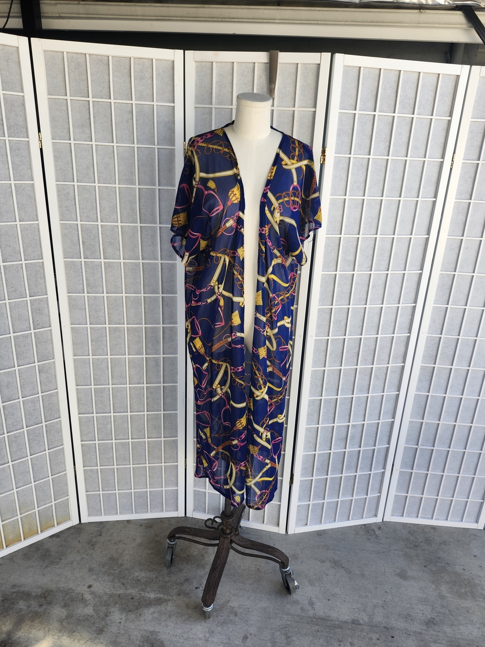 Clicquot Kimono Navy Chain Print Long Kimono Duster